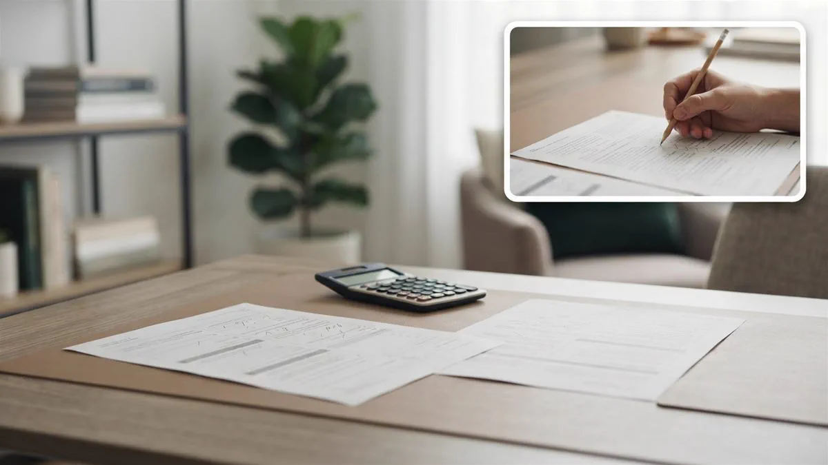 Two land tax assessment notices laid side by side with a calculator between them